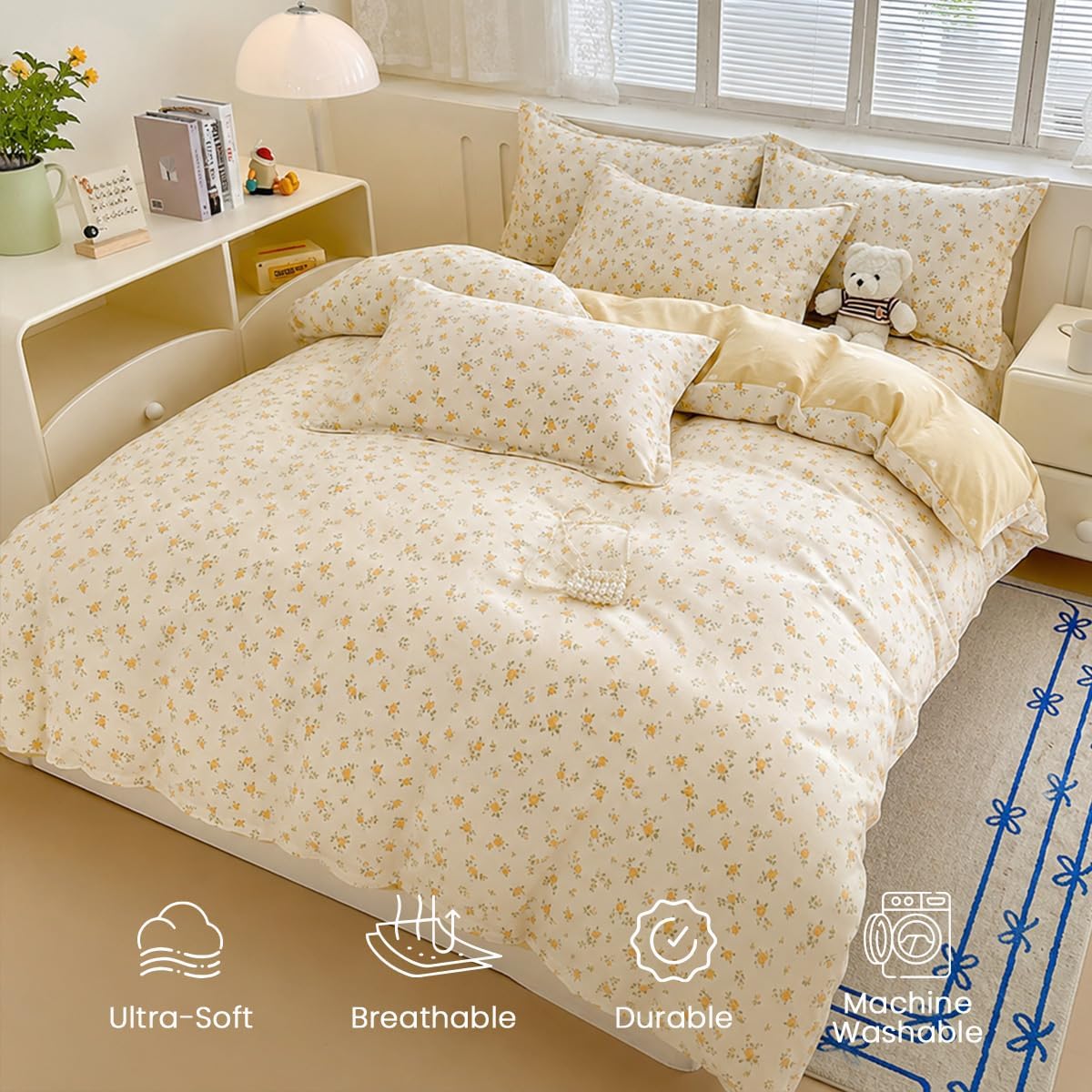Yellow Queen Comforter Set - Floral Comforter Set Queen Size, Quilt Bedding Set 3 Pieces, Soft & Lightweight Comforter(90‘’ x 90‘’) & 2 Pillowcases(30‘’x20‘’)