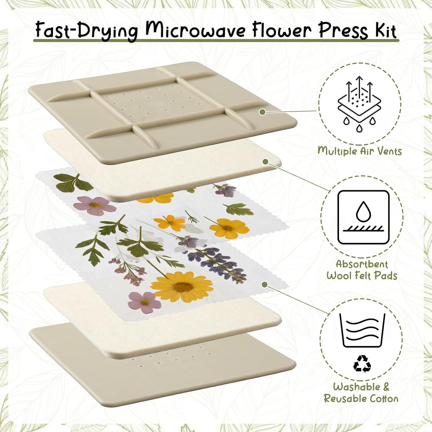 5 Inch Microwave Flower Press Kit Mini Plant Press for Kids and Adults Quick Pressing with Washable Cloth, Vibrant Color Retention for Crafts Pressed Flowers, DIY