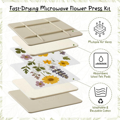5 Inch Microwave Flower Press Kit Mini Plant Press for Kids and Adults Quick Pressing with Washable Cloth, Vibrant Color Retention for Crafts Pressed Flowers, DIY