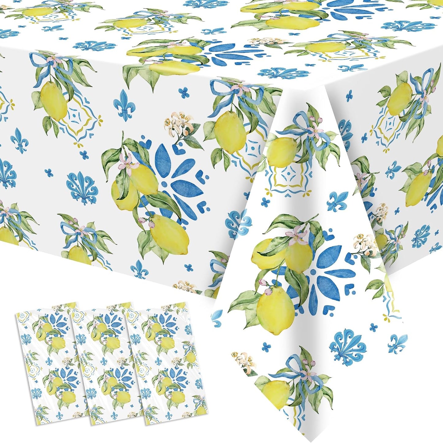 Lemon Mediterranean Tablecloth, 3Pcs Disposable Blue Tile & Lemon Floral Party Table Cover Supplies for Summer Parties, Birthday, Italian Theme, Baby Shower, Bridal Shower, 55in x 86in