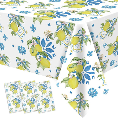 Lemon Mediterranean Tablecloth, 3Pcs Disposable Blue Tile & Lemon Floral Party Table Cover Supplies for Summer Parties, Birthday, Italian Theme, Baby Shower, Bridal Shower, 55in x 86in