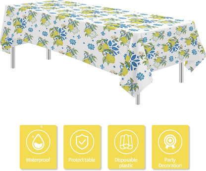Lemon Mediterranean Tablecloth, 3Pcs Disposable Blue Tile & Lemon Floral Party Table Cover Supplies for Summer Parties, Birthday, Italian Theme, Baby Shower, Bridal Shower, 55in x 86in