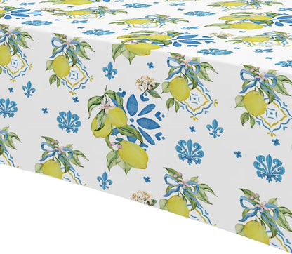Lemon Mediterranean Tablecloth, 3Pcs Disposable Blue Tile & Lemon Floral Party Table Cover Supplies for Summer Parties, Birthday, Italian Theme, Baby Shower, Bridal Shower, 55in x 86in
