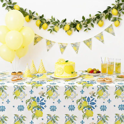 Lemon Mediterranean Tablecloth, 3Pcs Disposable Blue Tile & Lemon Floral Party Table Cover Supplies for Summer Parties, Birthday, Italian Theme, Baby Shower, Bridal Shower, 55in x 86in