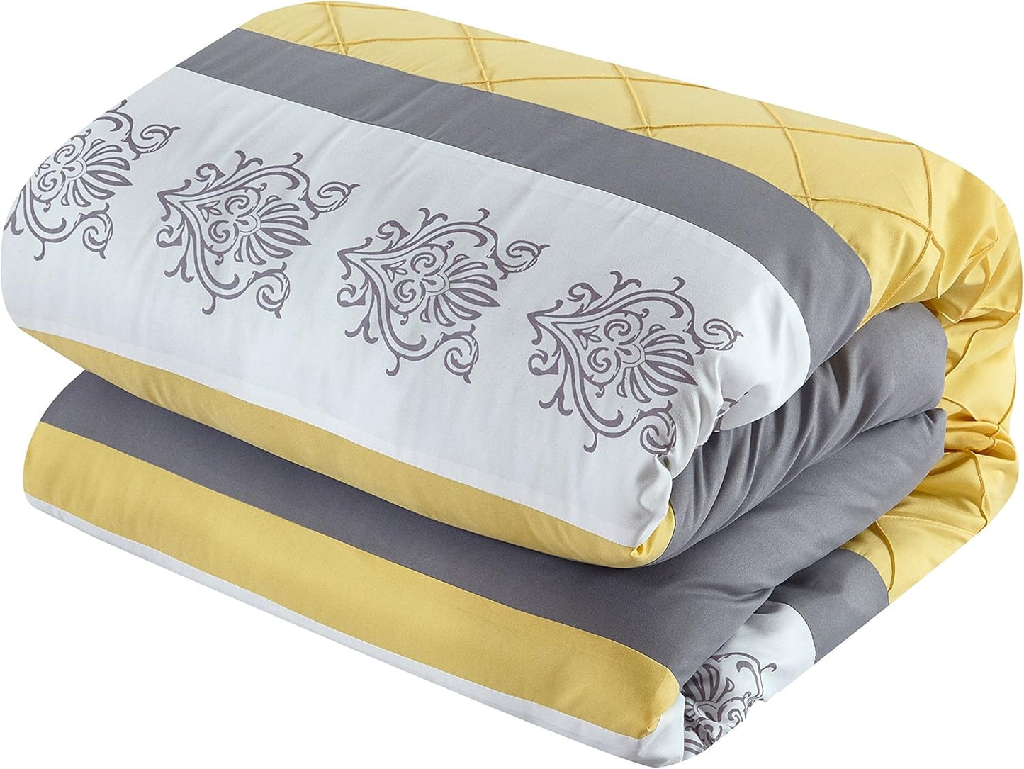 Clayton 10 Piece Comforter Set Pintuck Pieced Block Embroidery Bed in a Bag with Sheet Set, Queen Grey Yellow