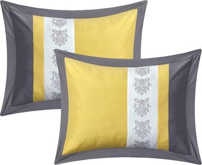 Clayton 10 Piece Comforter Set Pintuck Pieced Block Embroidery Bed in a Bag with Sheet Set, Queen Grey Yellow