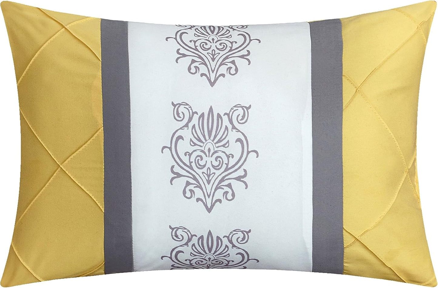Clayton 10 Piece Comforter Set Pintuck Pieced Block Embroidery Bed in a Bag with Sheet Set, Queen Grey Yellow