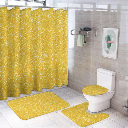 4Pcs Bright Banana Yellow Faux Glitter Shower Curtain Sets, Bathroom Set Decor with Non-Slip Bath Mat, Toilet Lid Rug and Contour Mat, 72 x 72inch