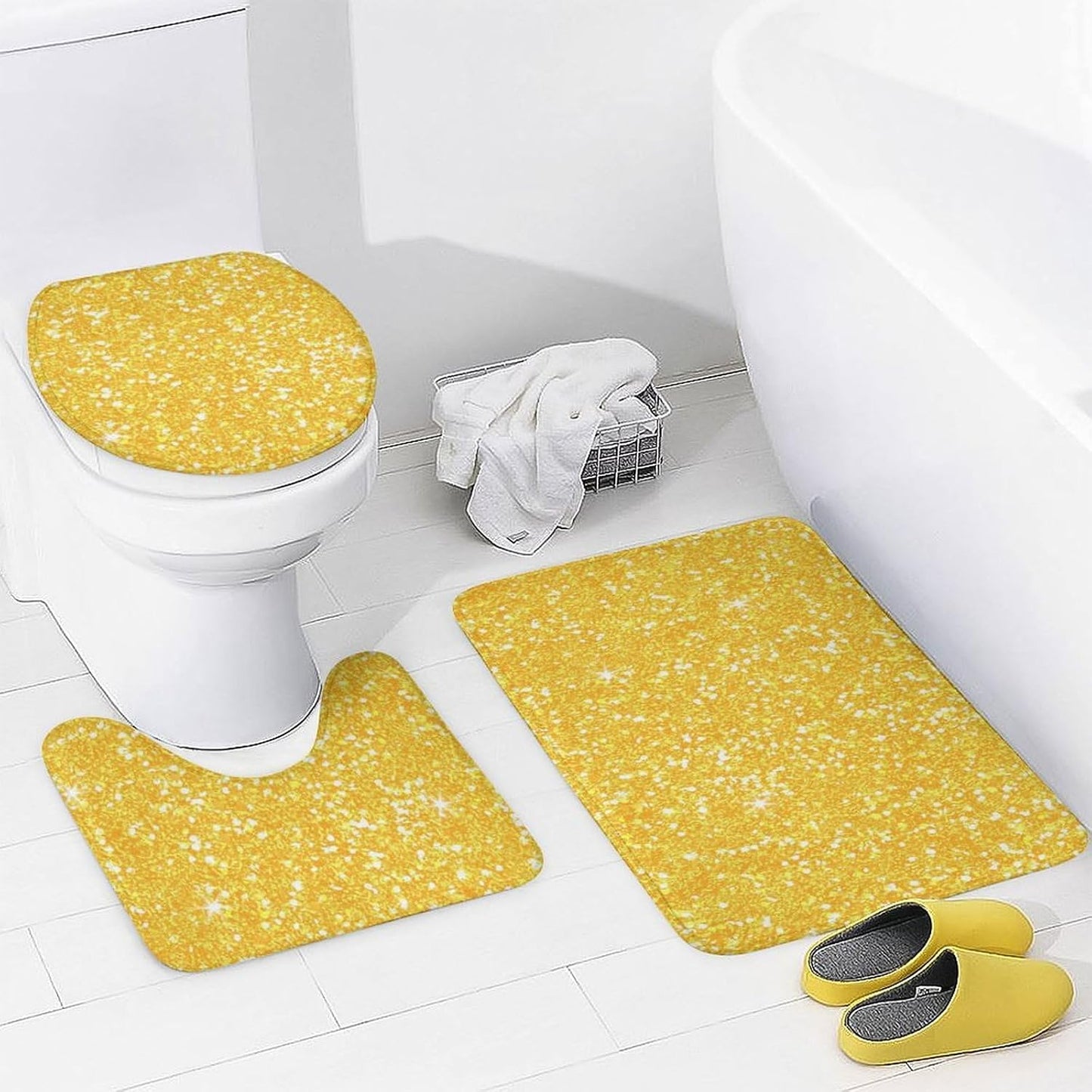 4Pcs Bright Banana Yellow Faux Glitter Shower Curtain Sets, Bathroom Set Decor with Non-Slip Bath Mat, Toilet Lid Rug and Contour Mat, 72 x 72inch