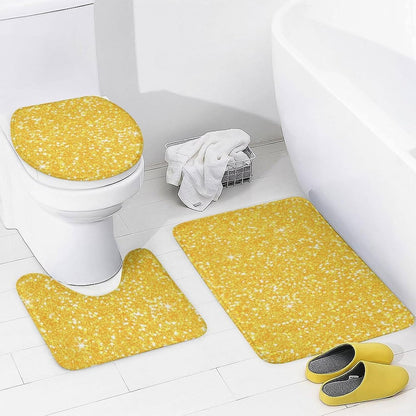 4Pcs Bright Banana Yellow Faux Glitter Shower Curtain Sets, Bathroom Set Decor with Non-Slip Bath Mat, Toilet Lid Rug and Contour Mat, 72 x 72inch