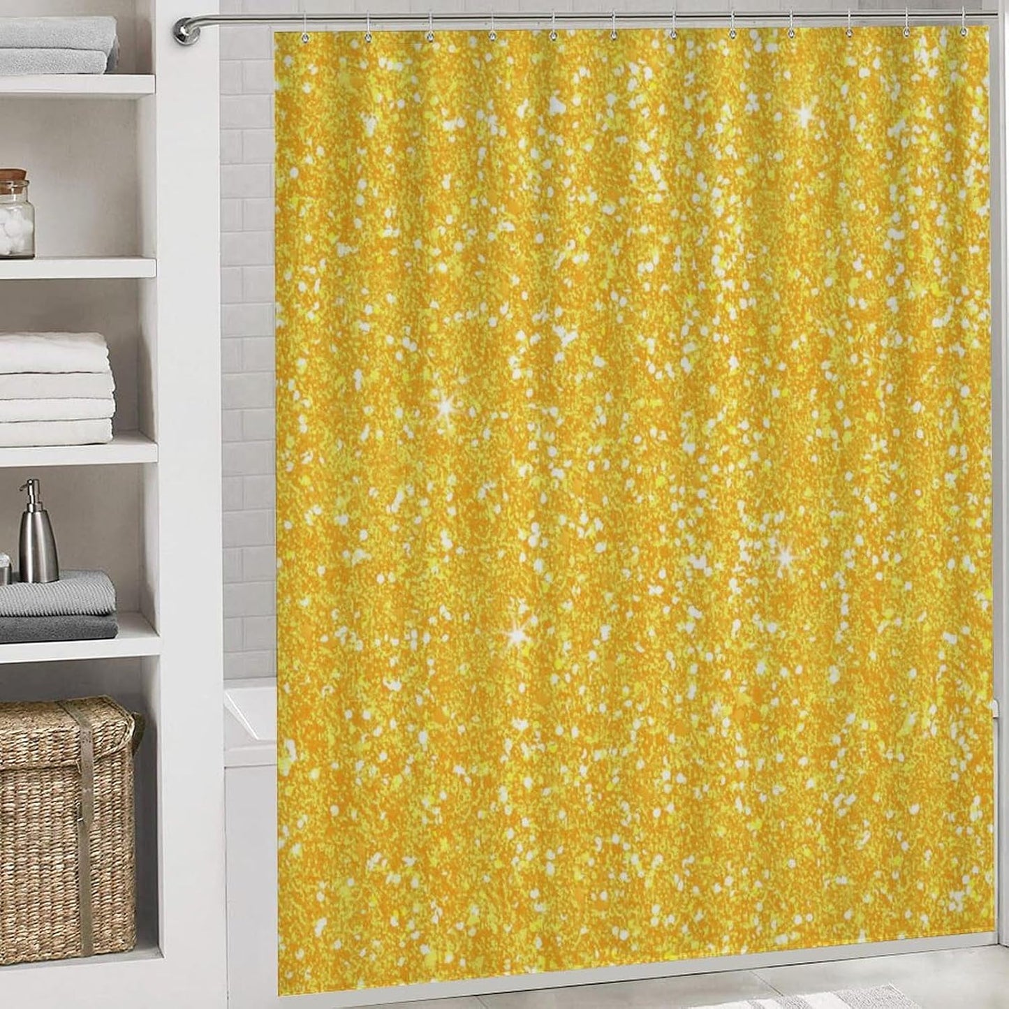 4Pcs Bright Banana Yellow Faux Glitter Shower Curtain Sets, Bathroom Set Decor with Non-Slip Bath Mat, Toilet Lid Rug and Contour Mat, 72 x 72inch