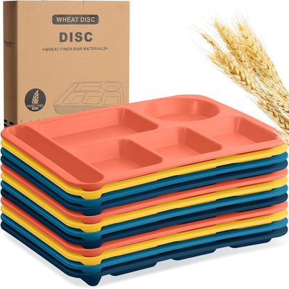 12 Pcs 14'' Large Divided Plates Unbreakable Wheat Straw Lunch Trays 6 Compartments Cafeteria Trays Microwave Dishwasher Safe Food Separator Plates (Dark Blue, Dark Green, Yellow, Orange)