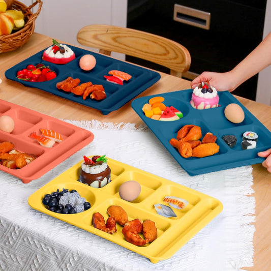 12 Pcs 14'' Large Divided Plates Unbreakable Wheat Straw Lunch Trays 6 Compartments Cafeteria Trays Microwave Dishwasher Safe Food Separator Plates (Dark Blue, Dark Green, Yellow, Orange)
