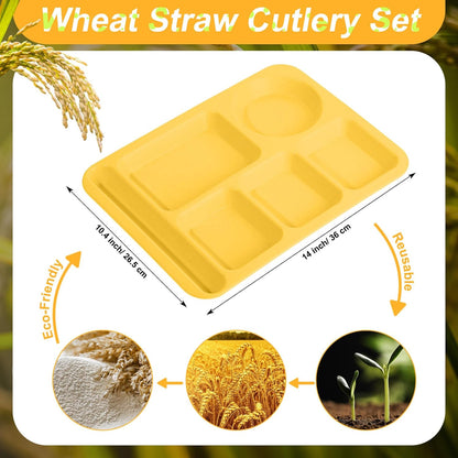 12 Pcs 14'' Large Divided Plates Unbreakable Wheat Straw Lunch Trays 6 Compartments Cafeteria Trays Microwave Dishwasher Safe Food Separator Plates (Dark Blue, Dark Green, Yellow, Orange)