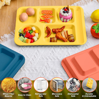 12 Pcs 14'' Large Divided Plates Unbreakable Wheat Straw Lunch Trays 6 Compartments Cafeteria Trays Microwave Dishwasher Safe Food Separator Plates (Dark Blue, Dark Green, Yellow, Orange)