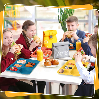 12 Pcs 14'' Large Divided Plates Unbreakable Wheat Straw Lunch Trays 6 Compartments Cafeteria Trays Microwave Dishwasher Safe Food Separator Plates (Dark Blue, Dark Green, Yellow, Orange)