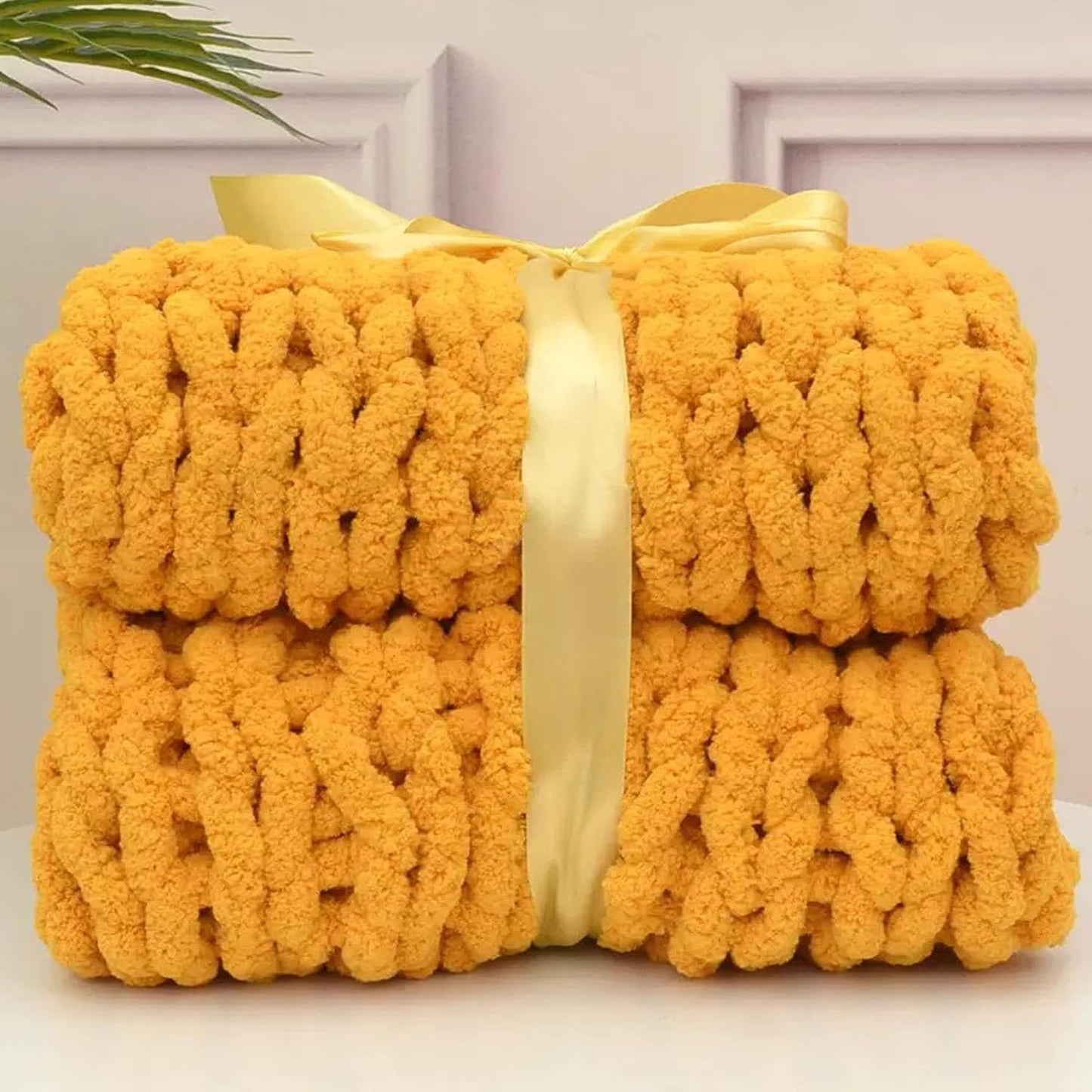 Chunky Knit Throw Blanket, Hand Knitted Chunky Knit Blanket, Extra Soft Chenille Throw Blanket, Big Throw Blanket for Couch, Sofa and Bed - Machine Washable,Ginger Yellow,60x60cm
