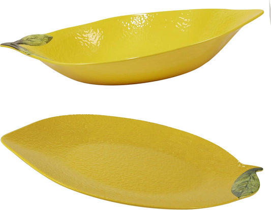 Zest 3-D Lemon Melamine 2-Piece Hostess Serving Set – Unbreakable Decorative Platters for Summer Entertaining, BBQ, Appetizers, Fruit Displays, Buffet, Indoor & Outdoor Dining