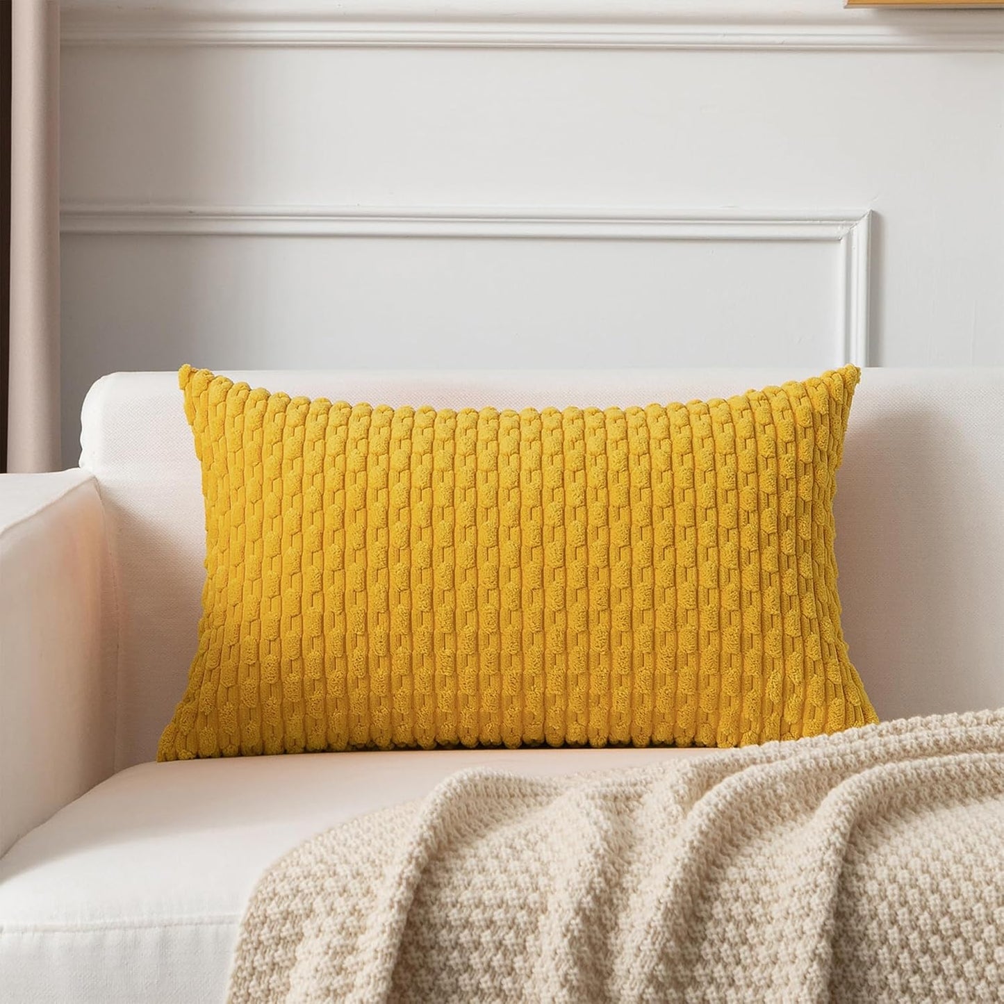 Soft Corduroy 14"x20" Pillow Cover 1 Pack, Mustard Yellow | Boho Stripe Plush Corduroy Decorative Oblong Cushion Cover Modern Farmhouse Home Decor for Sofa Couch Bed Chair