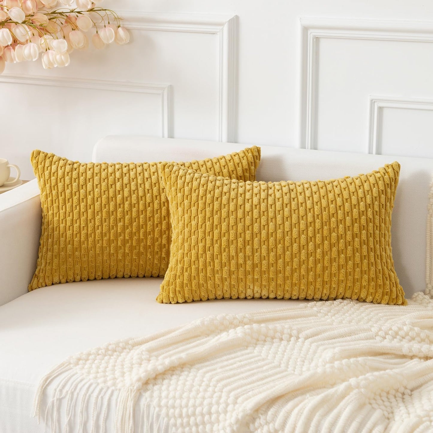 Soft Corduroy 14"x20" Pillow Cover 1 Pack, Mustard Yellow | Boho Stripe Plush Corduroy Decorative Oblong Cushion Cover Modern Farmhouse Home Decor for Sofa Couch Bed Chair