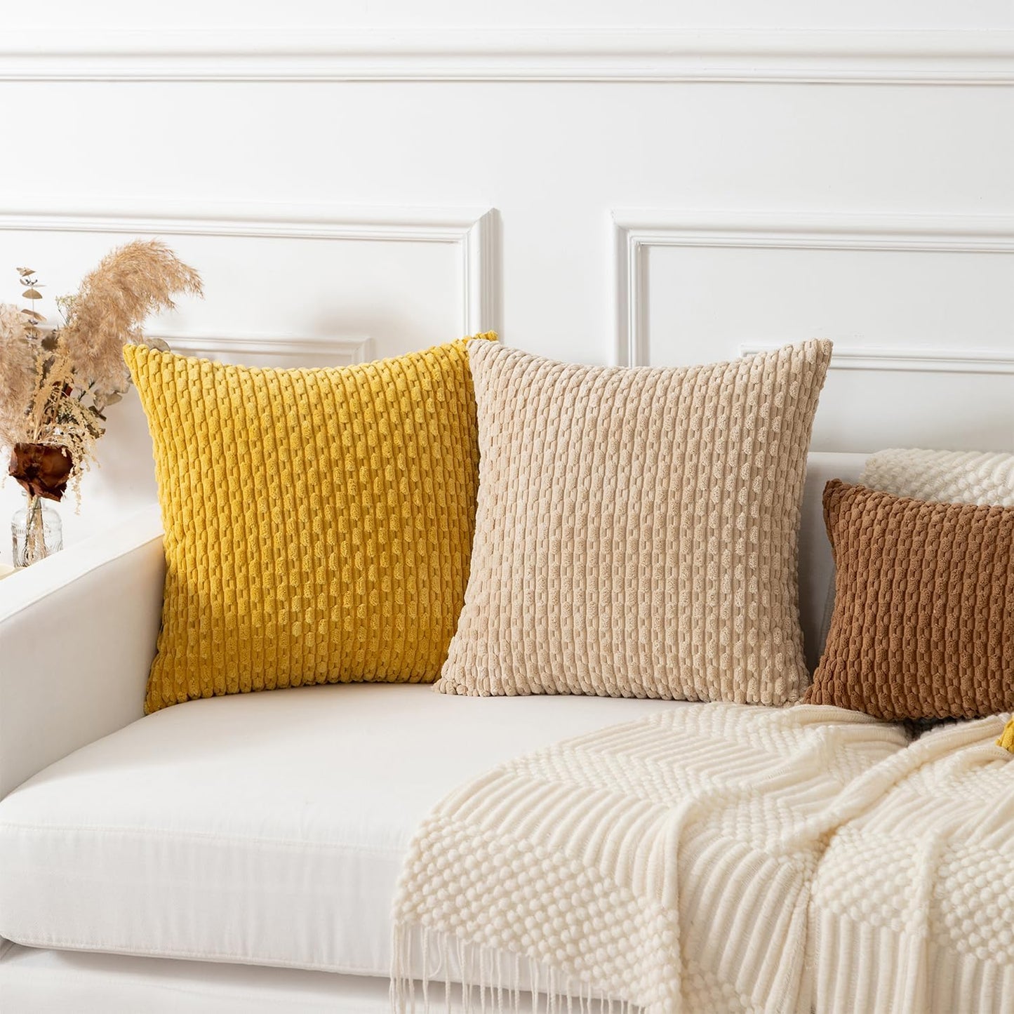 Soft Corduroy 14"x20" Pillow Cover 1 Pack, Mustard Yellow | Boho Stripe Plush Corduroy Decorative Oblong Cushion Cover Modern Farmhouse Home Decor for Sofa Couch Bed Chair