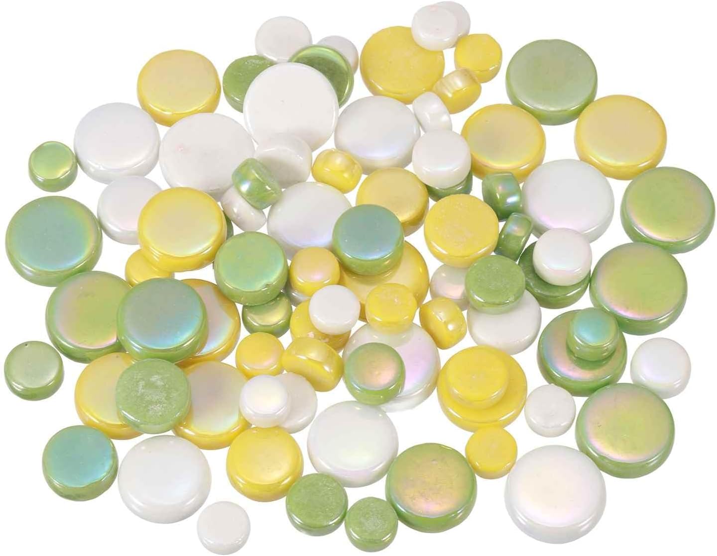100g Round Mosaic Tiles for Crafts, Multi-Size Iridescent Mosaic Glass Bulk for DIY Art, Home Decoration, Vases, Mugs, Flower Pots (Mixed Yellow Green)