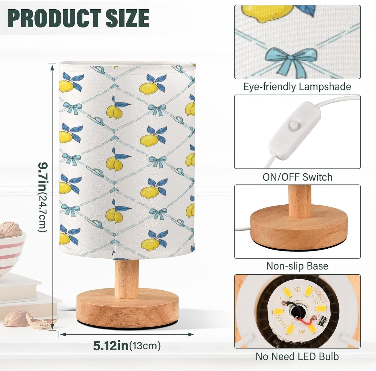 Yellow Lemon Table Lamp, Bedside Nightstand Lamp for Bedroom, Small Desk Lamp with Wood Base and Fabric Shade, Modern Lamp for Living Room Dorm Office Nursery