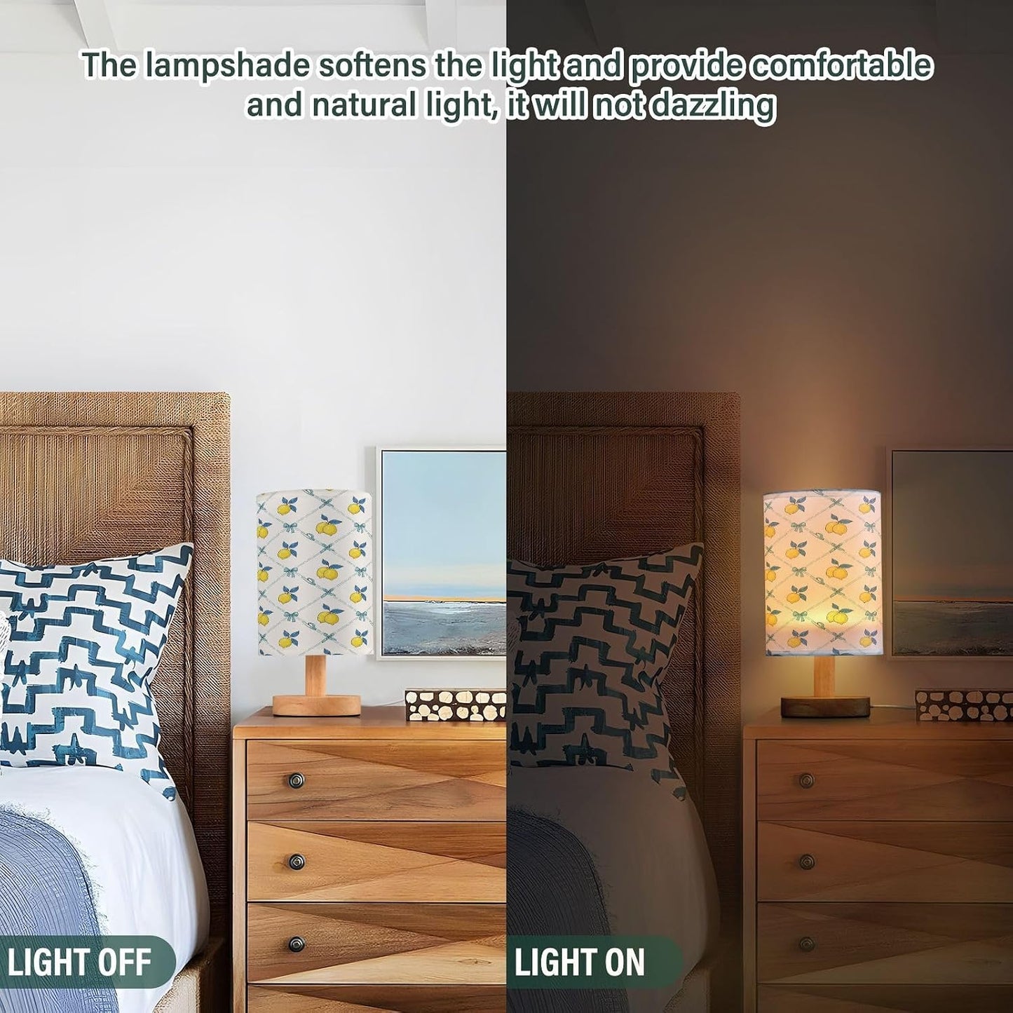 Yellow Lemon Table Lamp, Bedside Nightstand Lamp for Bedroom, Small Desk Lamp with Wood Base and Fabric Shade, Modern Lamp for Living Room Dorm Office Nursery