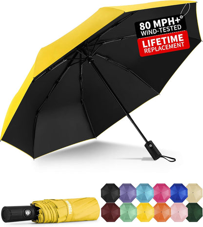 Windproof Automatic Travel Umbrella, Compact Folding UV Sun & Rain | One-touch auto open close, windproof frame withstands storms, UV protection fabric, lightweight for backpack car daily use