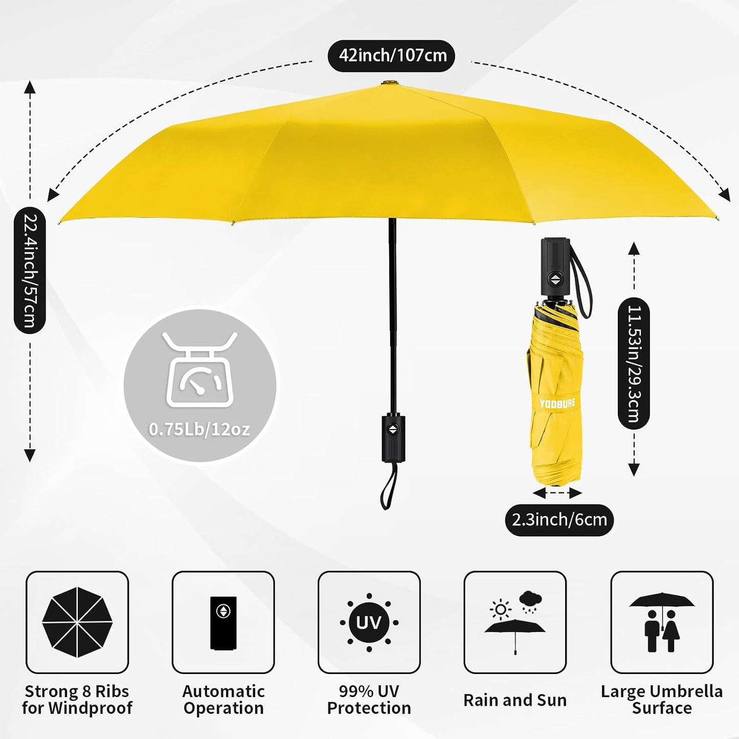 Windproof Automatic Travel Umbrella, Compact Folding UV Sun & Rain | One-touch auto open close, windproof frame withstands storms, UV protection fabric, lightweight for backpack car daily use