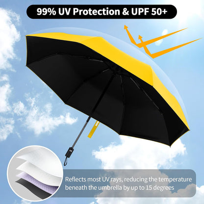 Windproof Automatic Travel Umbrella, Compact Folding UV Sun & Rain | One-touch auto open close, windproof frame withstands storms, UV protection fabric, lightweight for backpack car daily use