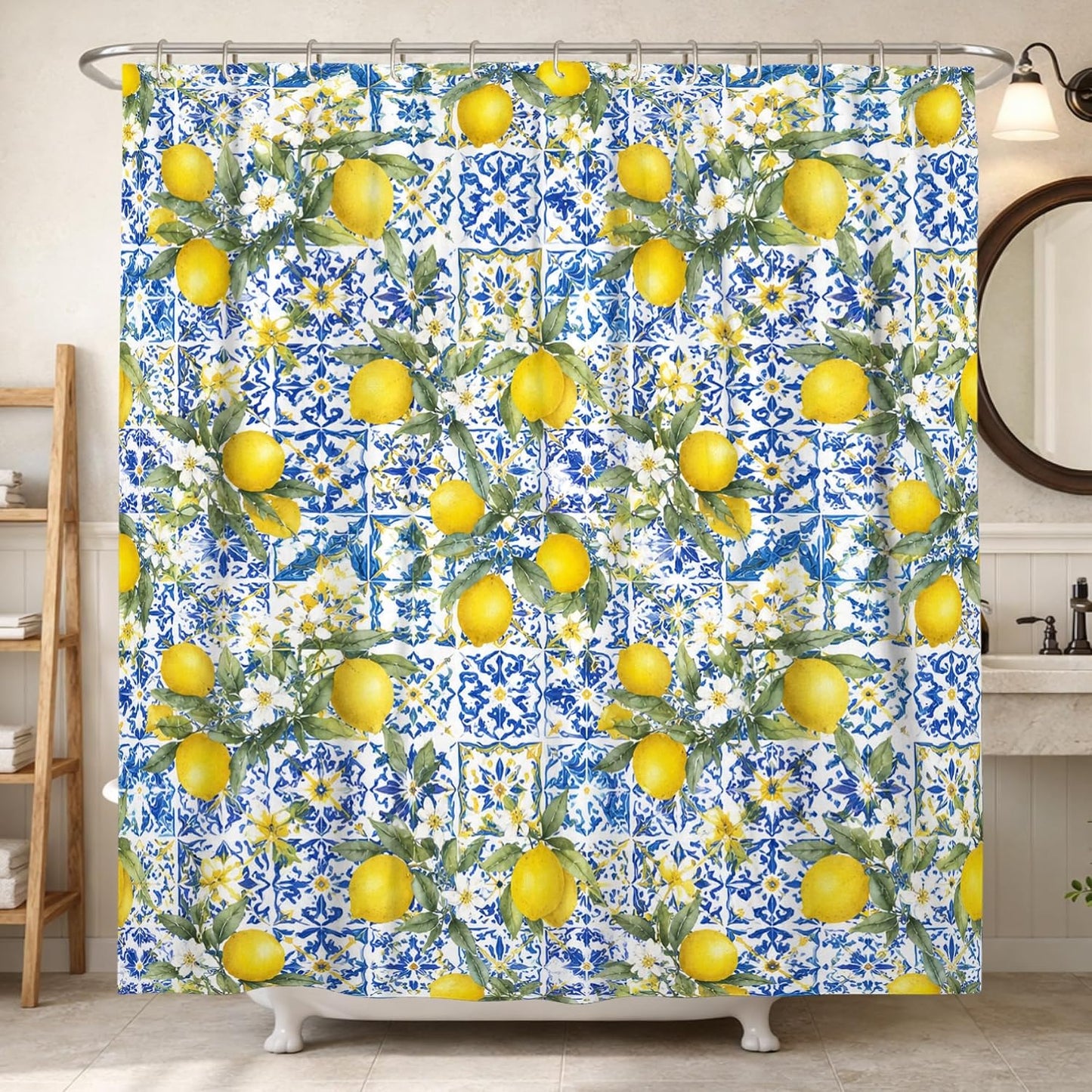 Lemon Shower Curtain, Summer Tropical Flower Leaf Summer Yellow Polyester Waterproof Bathtub Cloth Curtains for Bathroom Toile Guest Room Decor 72x72 Inch
