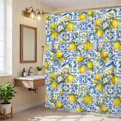 Lemon Shower Curtain, Summer Tropical Flower Leaf Summer Yellow Polyester Waterproof Bathtub Cloth Curtains for Bathroom Toile Guest Room Decor 72x72 Inch