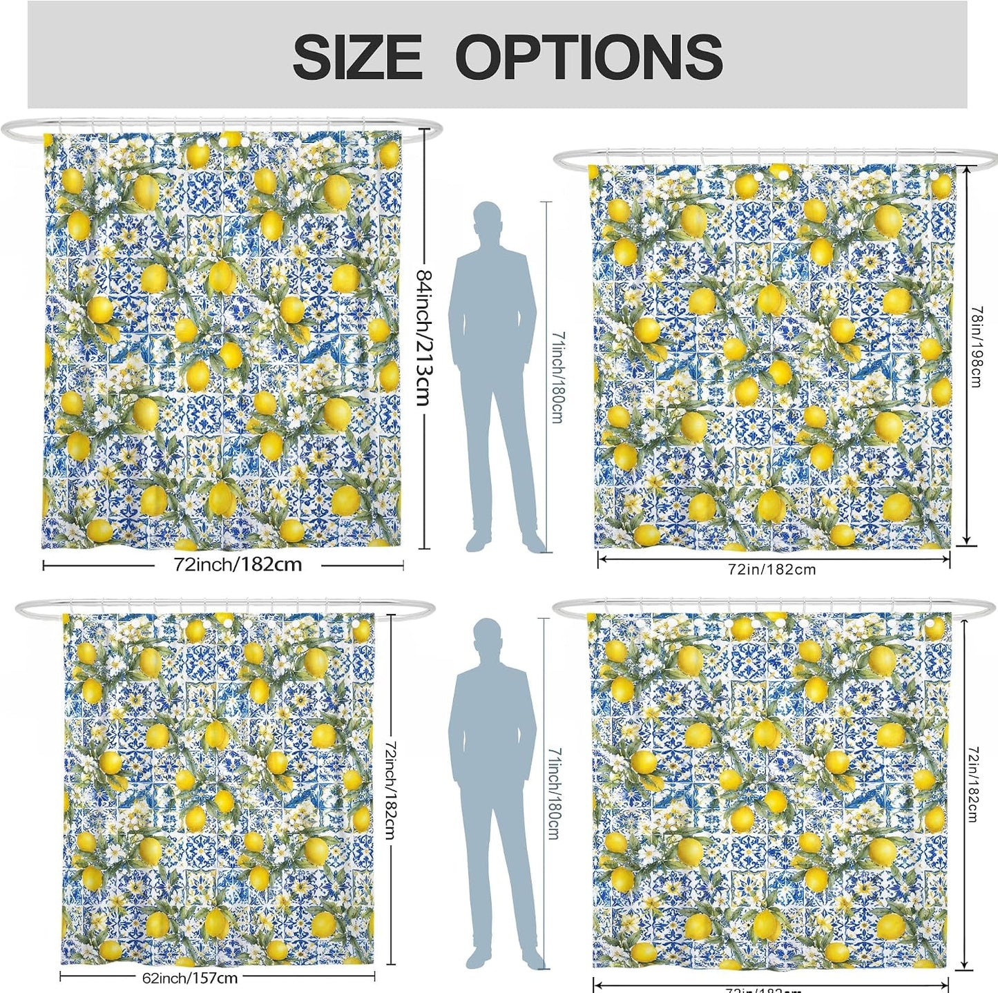 Lemon Shower Curtain, Summer Tropical Flower Leaf Summer Yellow Polyester Waterproof Bathtub Cloth Curtains for Bathroom Toile Guest Room Decor 72x72 Inch