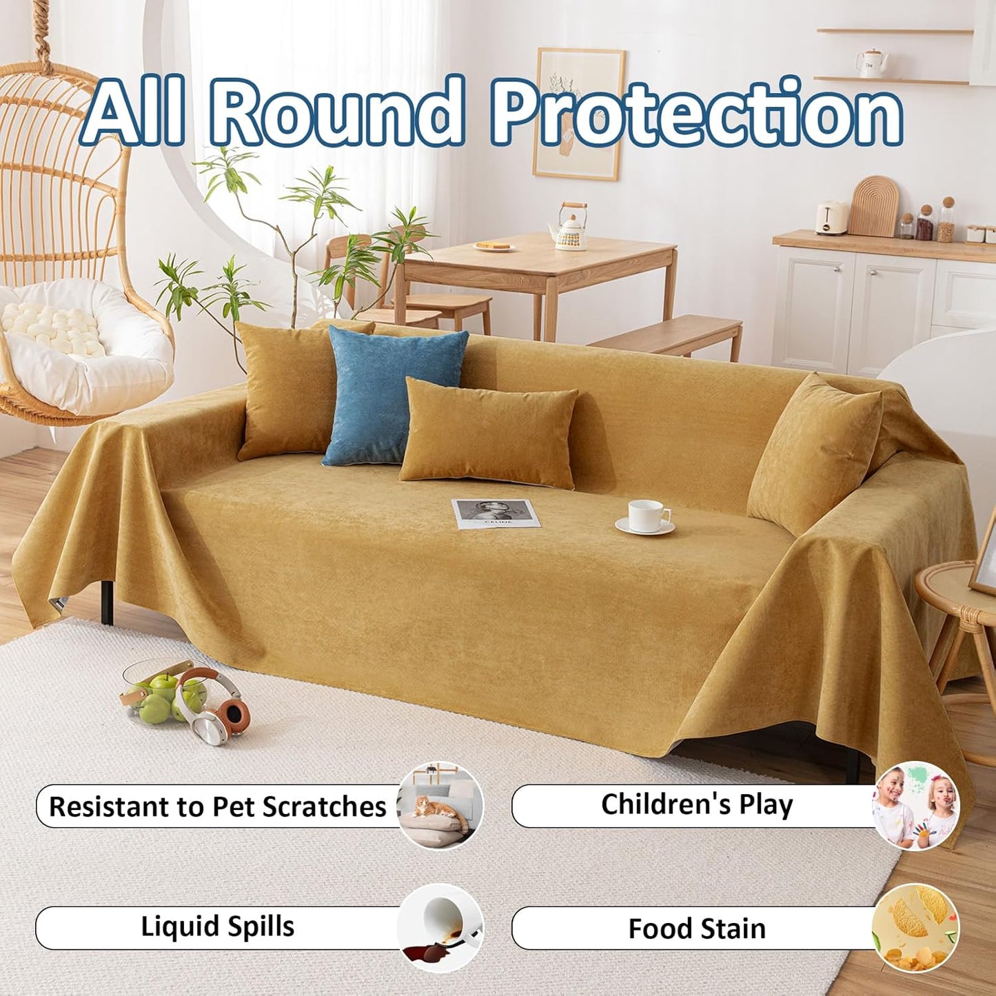Couch Covers Anti Scratch Sofa Covers for 2 Cushion Couch Sofa, Waterproof Pet Couch Cover for Dog Cat, Washable Couch Slipcover Modern Yellow Sofa Cover Throw Furniture Protector, 71"X102"