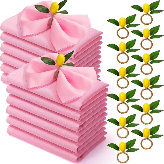 24 Pcs Pink Cloth Napkins with Lemon Yellow Rings Washable Dinner Napkin Sets 19"x19" for Summer Pink Lemonade Party Decorations Kitchen Wedding Bridal Shower Baby Shower