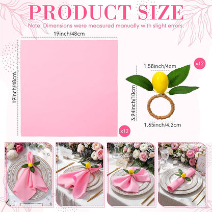 24 Pcs Pink Cloth Napkins with Lemon Yellow Rings Washable Dinner Napkin Sets 19"x19" for Summer Pink Lemonade Party Decorations Kitchen Wedding Bridal Shower Baby Shower