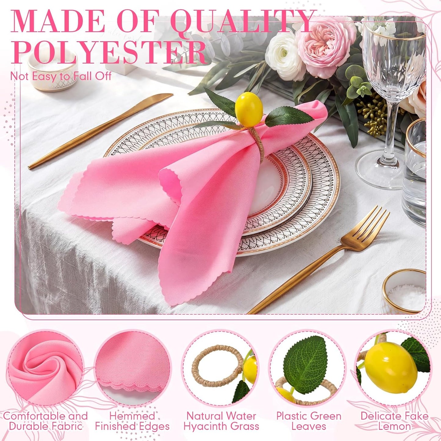 24 Pcs Pink Cloth Napkins with Lemon Yellow Rings Washable Dinner Napkin Sets 19"x19" for Summer Pink Lemonade Party Decorations Kitchen Wedding Bridal Shower Baby Shower