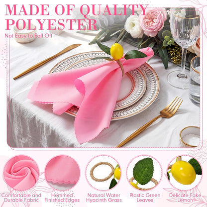 24 Pcs Pink Cloth Napkins with Lemon Yellow Rings Washable Dinner Napkin Sets 19"x19" for Summer Pink Lemonade Party Decorations Kitchen Wedding Bridal Shower Baby Shower