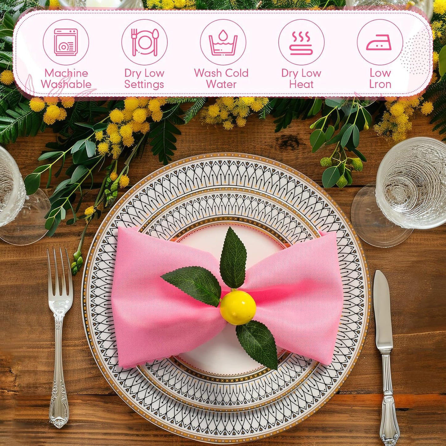 24 Pcs Pink Cloth Napkins with Lemon Yellow Rings Washable Dinner Napkin Sets 19"x19" for Summer Pink Lemonade Party Decorations Kitchen Wedding Bridal Shower Baby Shower