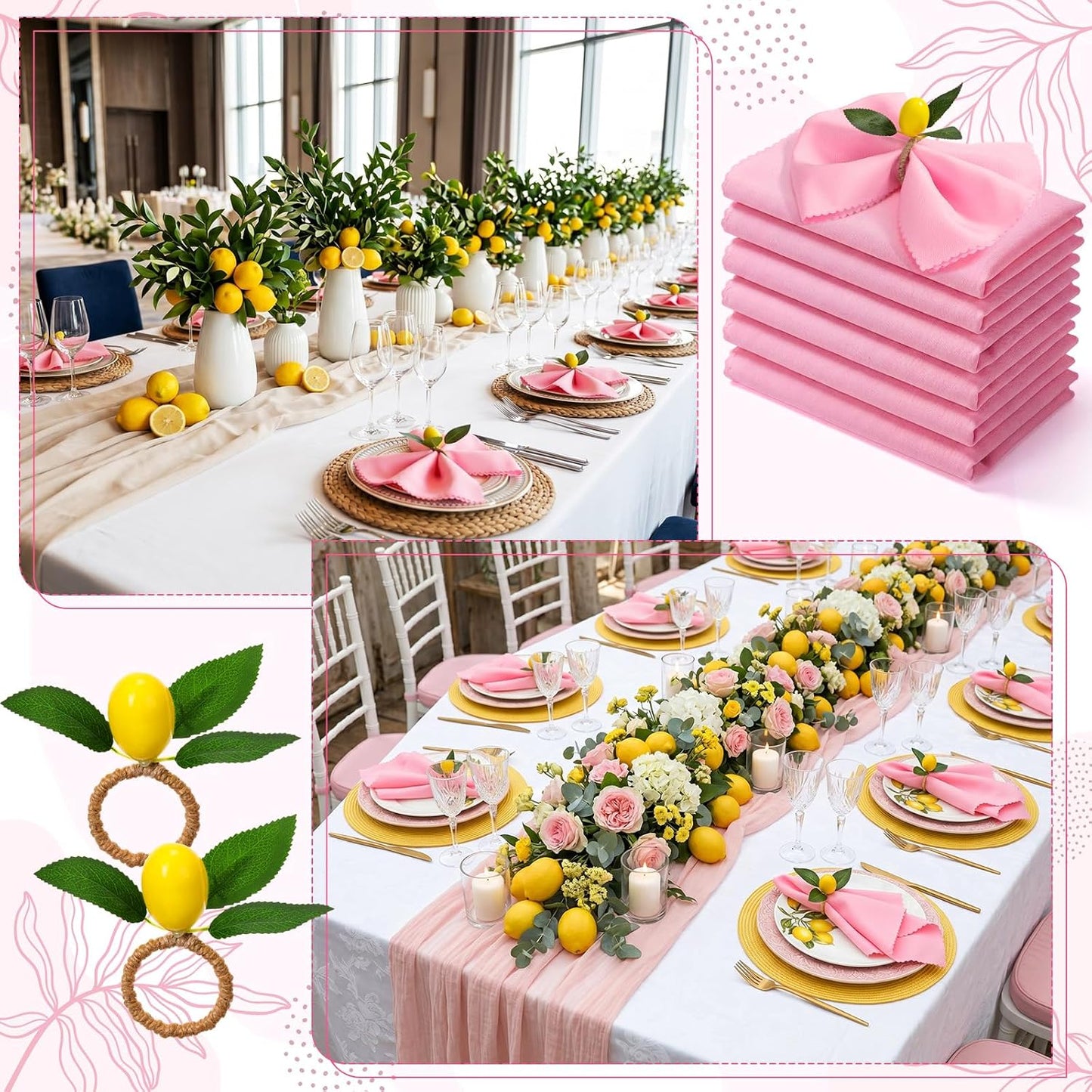 24 Pcs Pink Cloth Napkins with Lemon Yellow Rings Washable Dinner Napkin Sets 19"x19" for Summer Pink Lemonade Party Decorations Kitchen Wedding Bridal Shower Baby Shower