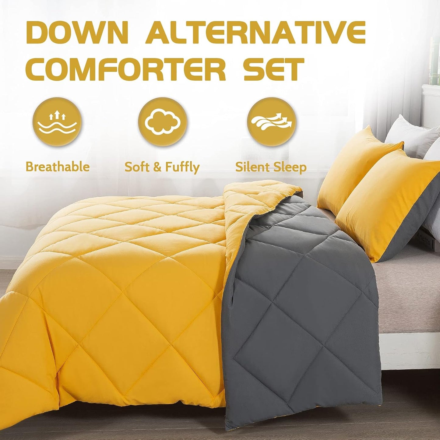 Lightweight Queen Comforter Set with 2 Pillow Sham - 3 Pieces Set - Quilted Down Alternative Comforter/Duvet Insert for All Season - Yellow/Grey - Queen Size