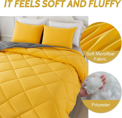 Lightweight Queen Comforter Set with 2 Pillow Sham - 3 Pieces Set - Quilted Down Alternative Comforter/Duvet Insert for All Season - Yellow/Grey - Queen Size