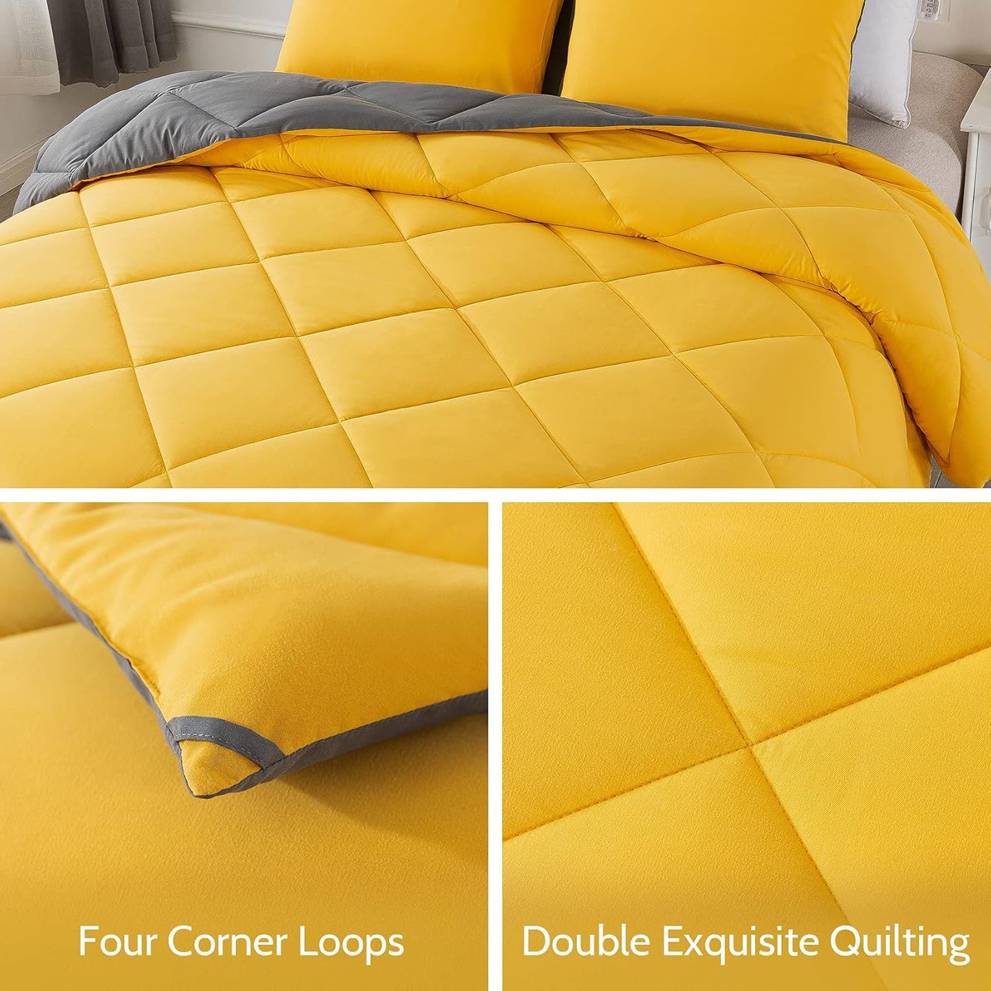 Lightweight Queen Comforter Set with 2 Pillow Sham - 3 Pieces Set - Quilted Down Alternative Comforter/Duvet Insert for All Season - Yellow/Grey - Queen Size