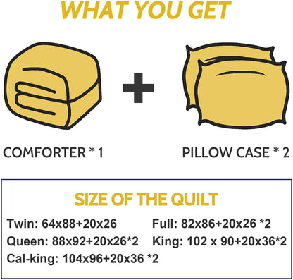 Lightweight Queen Comforter Set with 2 Pillow Sham - 3 Pieces Set - Quilted Down Alternative Comforter/Duvet Insert for All Season - Yellow/Grey - Queen Size