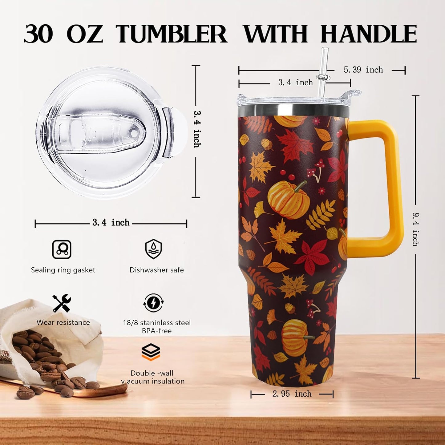 30 oz Stainless Steel Tumbler with lid and Straw,Yellow CoffeeTravel Mug Cup Water Botter, Lemon Gifts for Lemon Lovers - Colors B