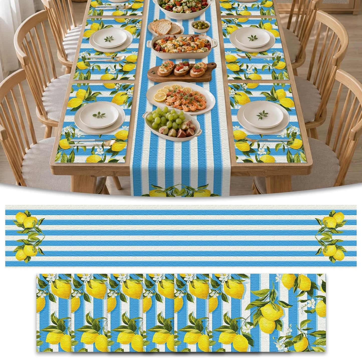 Tablerunner and Placemats Set of 7 Blue-White Stripe Lemon Decor Linen Square Placemats for Dining Dining Sets and Accessories Summer Picnic, Outdoor BBQ, Breakfast Table