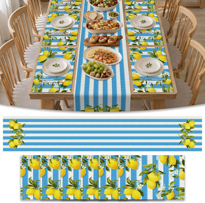 Tablerunner and Placemats Set of 7 Blue-White Stripe Lemon Decor Linen Square Placemats for Dining Dining Sets and Accessories Summer Picnic, Outdoor BBQ, Breakfast Table