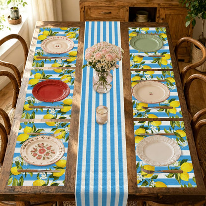 Tablerunner and Placemats Set of 7 Blue-White Stripe Lemon Decor Linen Square Placemats for Dining Dining Sets and Accessories Summer Picnic, Outdoor BBQ, Breakfast Table