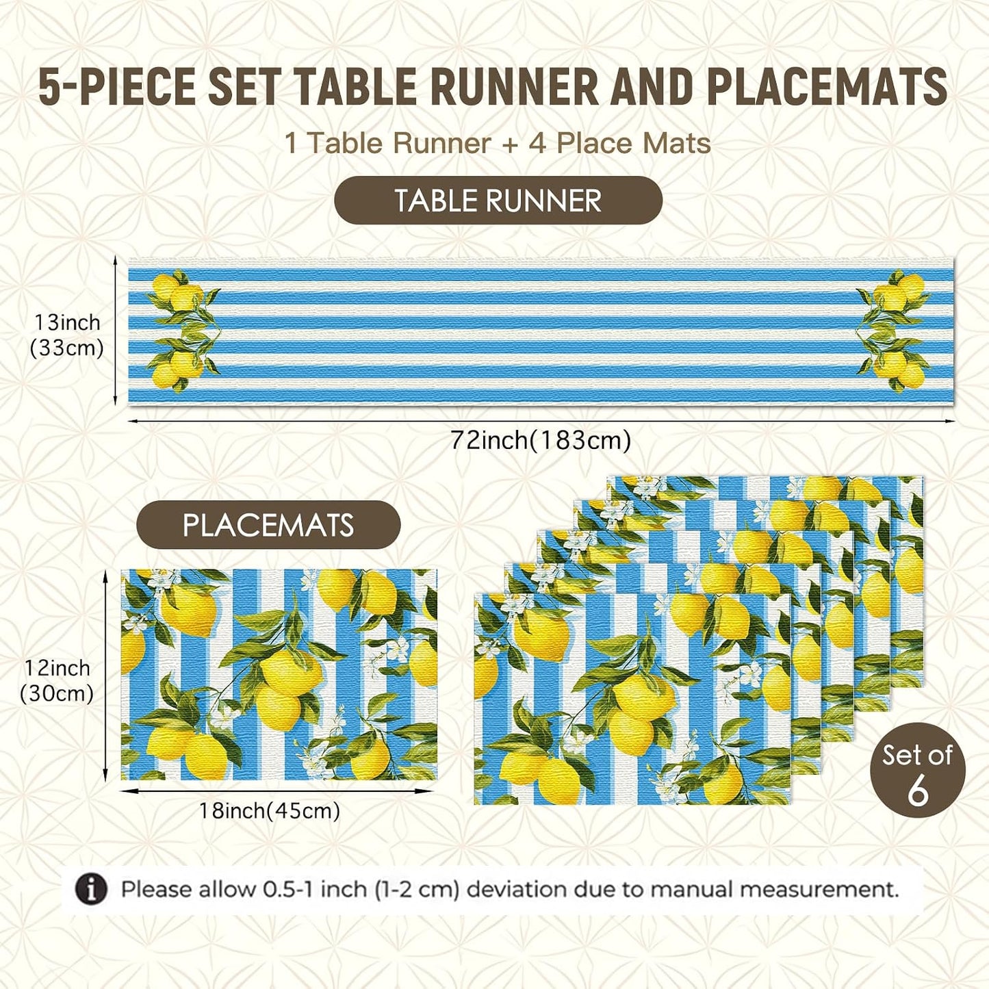 Tablerunner and Placemats Set of 7 Blue-White Stripe Lemon Decor Linen Square Placemats for Dining Dining Sets and Accessories Summer Picnic, Outdoor BBQ, Breakfast Table